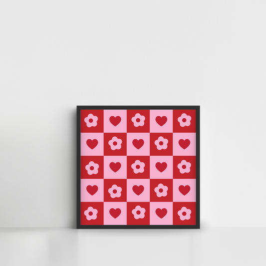 Pink Flower Red Heart Pattern Framed Poster Wall Art